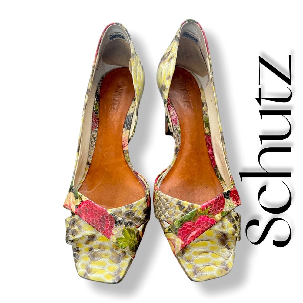 Schutz Snakeskin Rose Floral Low Heel Sandal